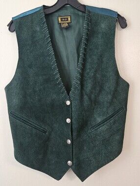 Vintage Dark Green Leather Vest with Silver Buttons Western Size Small